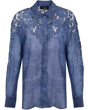 Clips Perforated Ramie Shirt With Floral Details - Blue