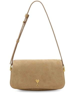 Ami Paris Suede Shoulder Bag With Front Logo - White