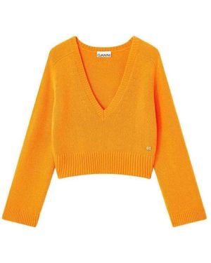 Ganni Chunky Cashmere Deep V-Neck - Orange