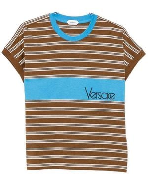 Versace Striped Cotton T-Shirt With Logo Intarsia - Blue