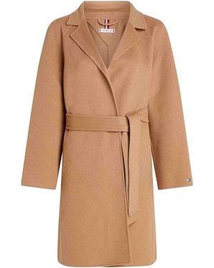 Tommy Hilfiger Double Face Coat With Belt And Logo - Natural