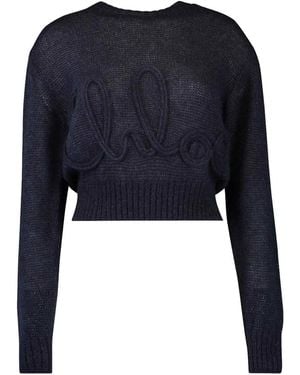 Chloé Alpaca Wool And Silk Knit Jumper With Logo - Blue