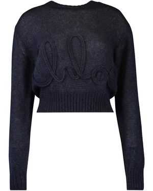 Chloé Alpaca Wool And Silk Knit Jumper With Logo - Blue