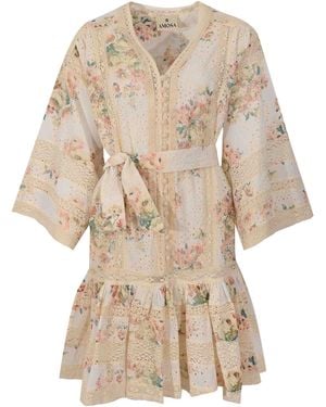 AMOSA Cotton Sangallo Lace Dress With Floral Print - Natural