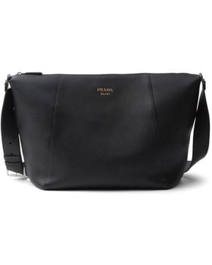 Prada Logo-Stamp Leather Shoulder Bag - Black