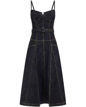 Self-Portrait Denim Flared Midi Dress - Blue