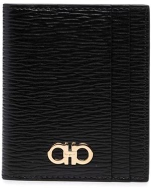 Ferragamo Hammered Leather Gancini Bi-Fold Card Holder - Black