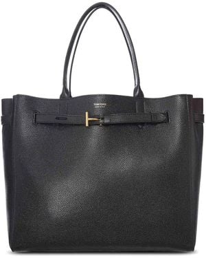 Tom Ford Leather Tote Bag With T Detail - Black