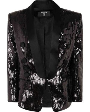 Balmain V-Neck Glitter Satin Tailored Jkt - Black