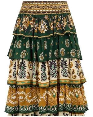 FARM Rio Ayla Mixed Scarves Ruffled Maxi Skirt - Green
