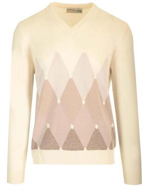 Ballantyne Double Yarn Cashmere Diamond Jumper - Natural