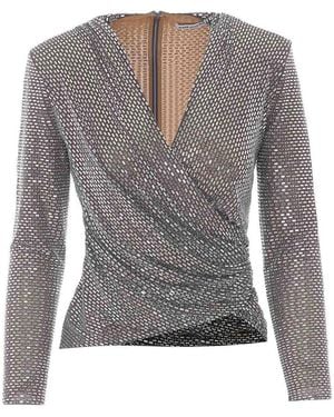 Self-Portrait Rhinestone Mesh Long Sleeves Top - Gray