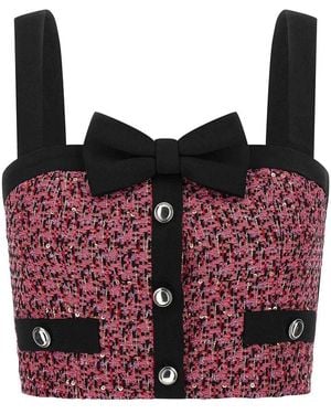 Alessandra Rich Wool Blend Tweed Top With Micro-Sequin Embroidery And Bow Detail - Red