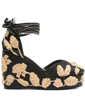 Castañer Floral Embroidery Platform Wedge - Black