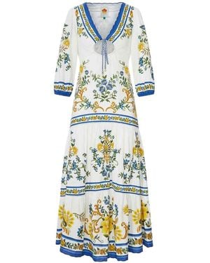 FARM Rio Long Dress With Floral Print And Three-Quarter Sleeves - Blue