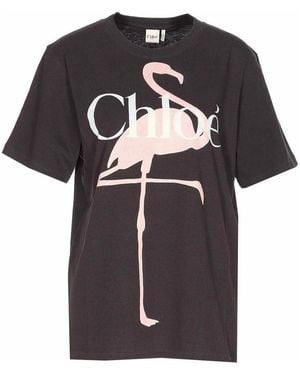 Chloé Fenicotteri Print And E Logo T-Shirt - Black