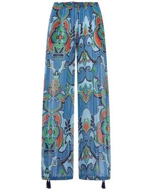 Etro Printed Silk Blend Trousers With Drawstring - Blue