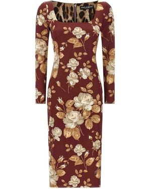 Dolce & Gabbana Vintage Rose Print Satin Midi Pencil Dress - Multicolour