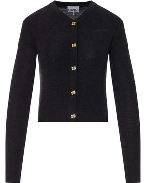 Ganni Wool Cardigan With Embroidered Logo - Blue