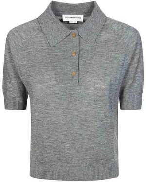 Victoria Beckham Lightweight Fine Guage Knitted Polo Top - Grey