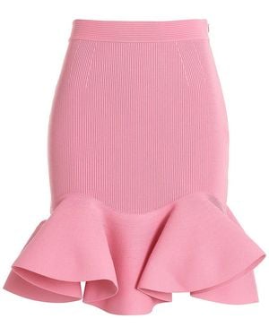 McQueen Fitted Ribbed Skirt With Flared Ruffle Hem - Pink