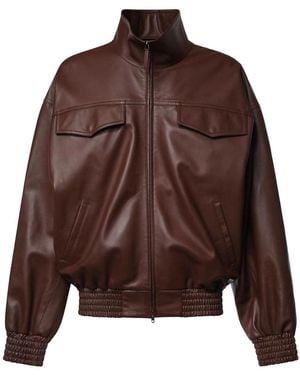 Balenciaga High-Neck Leather Bomber Jacket - Brown