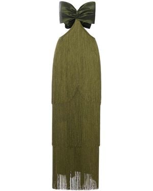 Bless Long Dress With Fringes And Satin Bow - Green