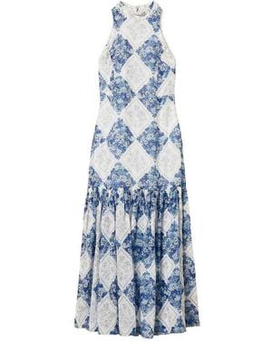Twinset Floral Print Long Dress With Pleated Details - Blue