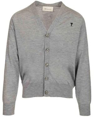 Ami Paris Paris V-Neck Wool Cardigan - Grey