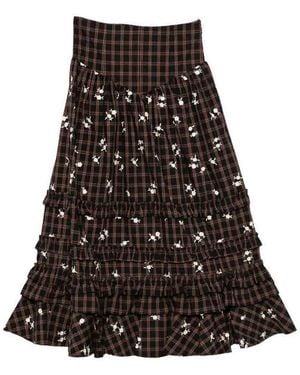 Ganni Checked Midi Skirt With Floral Embroidery - Black