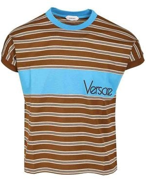 Versace Striped Cotton T-Shirt With Inlay - Blue