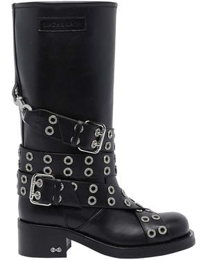 Mach & Mach Buckle Belt Vintage Leather Combat Boots - Black