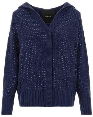 Pinko Seicento Cardigan With Rhinestones And Hood - Blue