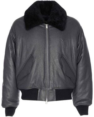 Ami Paris Zip-Up Leather Bomber Jacket - Black