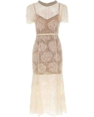 Self-Portrait Cream Tulle Lace Midi Dress - Natural