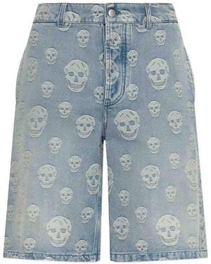 McQueen Skull Light Cotton Denim Bermuda Shorts - Blue