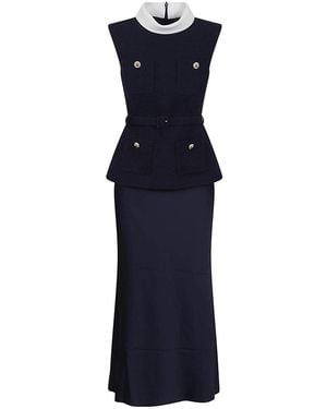 Self-Portrait Structured Boucle Dress And Shiny Satin - Blue
