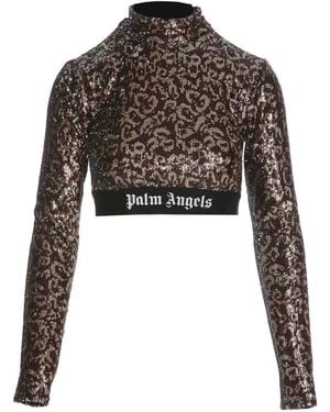Palm Angels Cropped Logo Sequins Top - Black