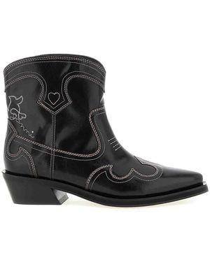 Ganni Low Shaft Embroidered Western Ankle Boots - Black