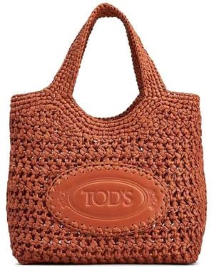 Tod's Raffia And Leather Mini Shopping Bag - Red