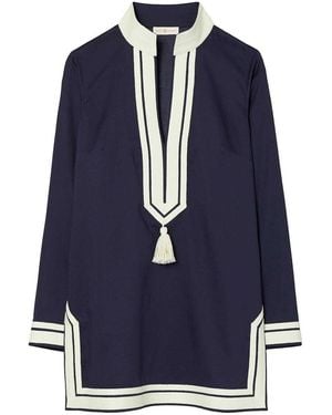Tory Burch Herringbone-Trimmed Cotton Tunic - Blue
