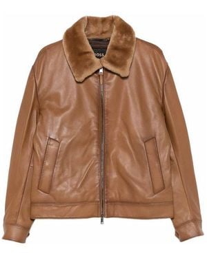 BOSS Jacket With Fur Collar - Brown