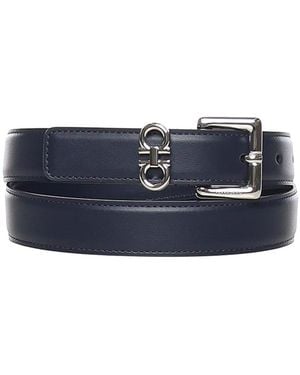Ferragamo Leather Belt With Double Gancini - Blue