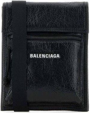 バッグ Balenciaga BB Accessory Poach Leather Balenciaga All Over Logo Bazar Clutch Pouch Black Leather