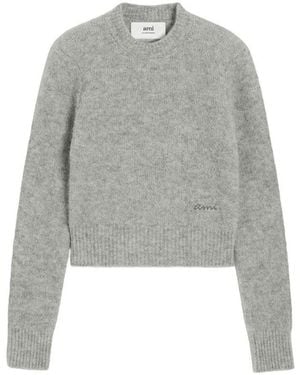 Ami Paris Cropped Sweater With Ribbed Hem - Gray