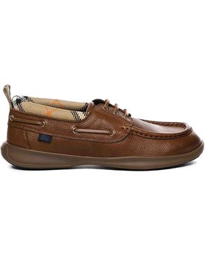【送料&関税込】Burberry Brown Leather Raft Loafers Burgundy Leather Raft Loafers by Burberry on Sale