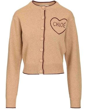 Chloé Fitted Cardigan With Logo - Natural