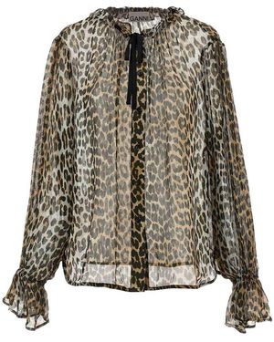 Ganni 'Leopard Print Chiffon Tie String' Shirt - Multicolour