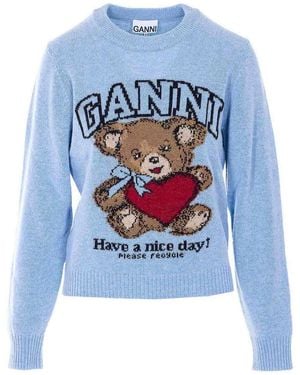 Ganni Light Graphic Bear Sweater - Blue