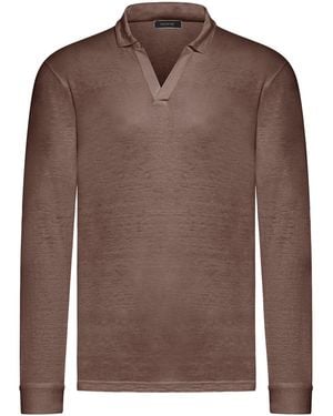 Nome Long-Sleeved Linen Polo Shirt Without Buttons - Brown